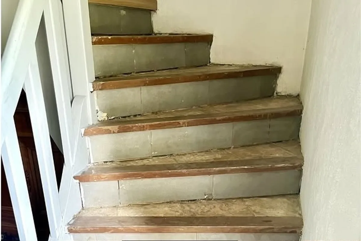 Avant : Escalier brut et usé avant rénovation, marches anciennes, Monsteroux-Milieu